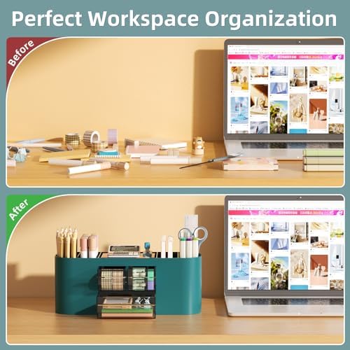 Marbrasse Pen Holder for Desk with 3 Drawers, Multi-Functional Pencil Holder, Desk Organizers and Accessories with 7 Compartments for Home, School, Classroom (Dark Green) - Image 7