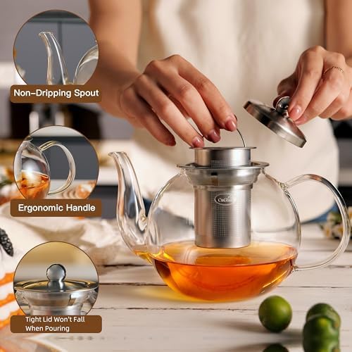 CNGLASS 40oz Glass Teapot with Removable Infuser,Clear Tea Kettle Stovetop Safe,Blooming and Loose Leaf Tea Maker Set - Image 4