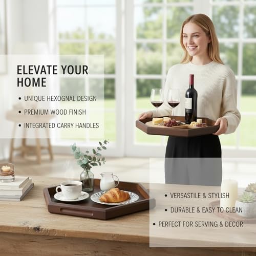 Hexagon Serving Trays & Platters, 11.8" Charcuterie Platter, Cafeteria Trays, Hexagon Wooden Ottoman Tray, Food Serving Boards Table Plates for Family Dinner Eating Parties - Image 6