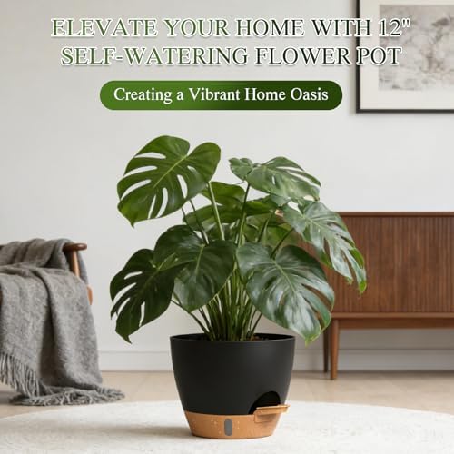 Self Watering Pots with Drainage Holes, 3 Pack 12/10/8 Inch Plant Pots with Water Level Indicator Deep Reservoir, Large Plastic Planter for Indoor Outdoor Plants - Black Brown - Image 7