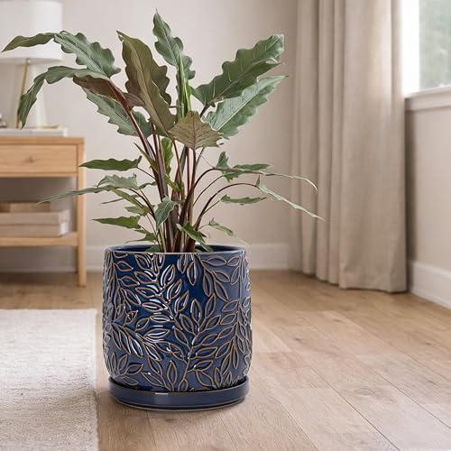 D'vine Dev Embossed Leaves Ceramic Planter, 8 in, Midnight Blue, 27-A-Q-3 - Image 5