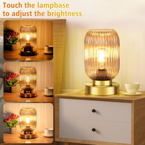 Mid Century Modern Table Lamp with Amber Ribbed Glass Shade,Touch Control & 3 Way Dimmable,Small Gold, Vintage Bedside Lamp for Bedroom, Living Room,Office (Bulb Included) - Image 2
