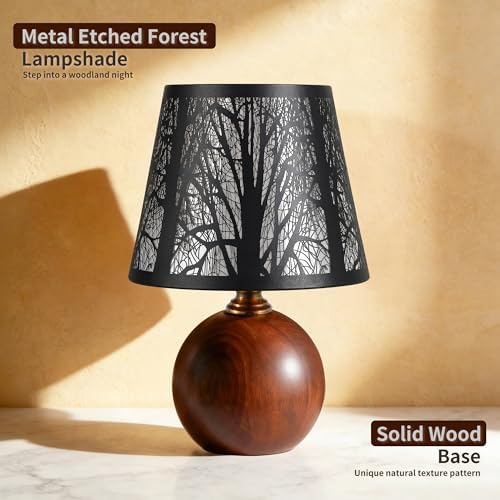 11.4" Rustic Solid Wood Small Table Lamp with Metal Forest Shade - Image 2