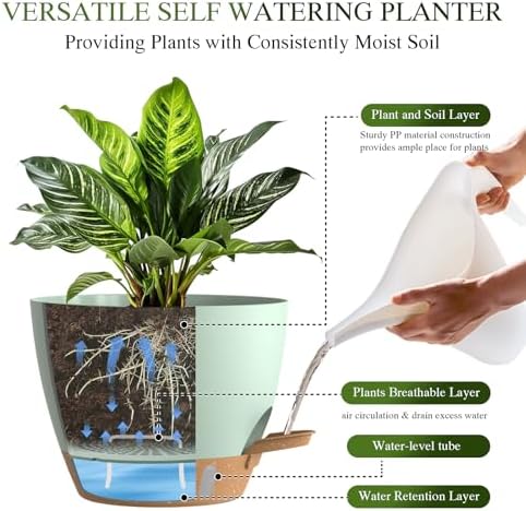 Plant Pots, 4 Pack 12/10/9/8 Inch Self Watering Pots with Drainage Holes, Water Level Indicator Deep Reservoir, Large Planters for Indoor Outdoor Plants - Green Brown - Image 4