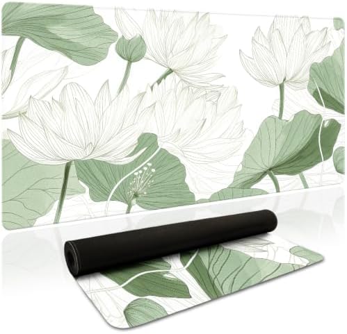 Sage Green Desk Mat, Botanical Lotus XXL Mouse Pad 35.4x15.7in by HUADO