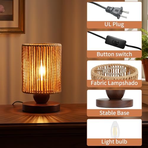 Handmade Rattan Lamp Boho Table Lamp for Bedroom, Small Woven Lamps for Night Stands with Warm White LED Bulb, Coastal Boho Lamp for Living Room Reading Nook Office Desk, 12cm Shade 20cm Height - Image 3