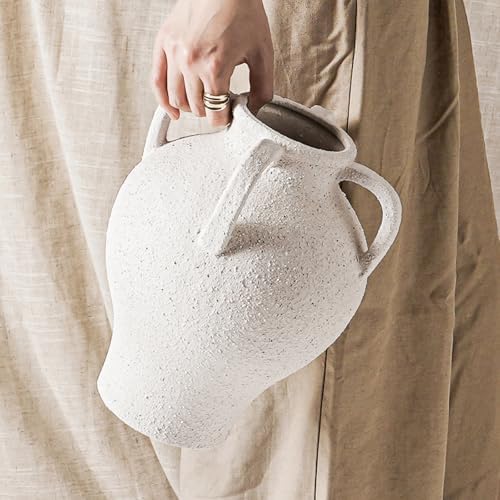 Large White Ceramic Vase with 4 Handles, 10.8 Inch, Rustic Farmhouse by LETAUCIGARDEN