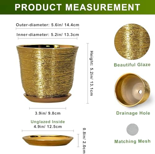 5.6 Inch Plant Pot - Ceramic Planter for Indoor Outdoor, Round Succulent Orchid Pot with Drainage Hole and Plant Saucer, Modern Decorative Planters, Living Room Decor, Gifts for Women, Gold - Image 2