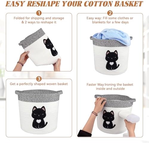 Black Cat Storage Basket - Woven Cotton Rope Basket with Soft Felt Patch, Foldable Organizer for Nursery, Pet Toys & Laundry, Gift & Home Decor (11.8 Inch, Washable) - Image 6
