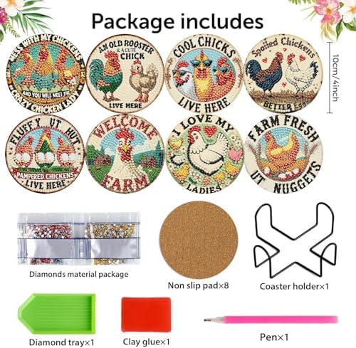 8 Pcs Chicken Diamond Art Coasters Kits, Diamond Painting Coasters Kits ﻿ ﻿ - Image 4