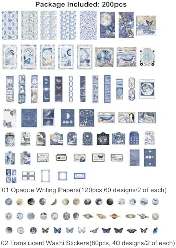 Esweny 200PCS Vintage Scrapbooking Supplies Pack, Aesthetic Scrapbook Sticker Paper Art Journaling Kit for Junk Journals,Planner,Cottagecore Decor Gifts (Blue Series) - Image 2