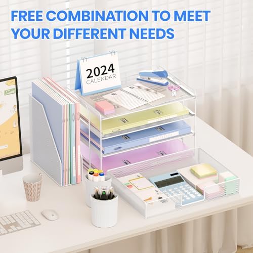 OPNICE Desk Organizer, 4-Tier Desktop File Organizer with Drawer and Pen Holders, Office Desk Accessories, File Sorters, Workspace Organizers for Office Supplies(White) - Image 3