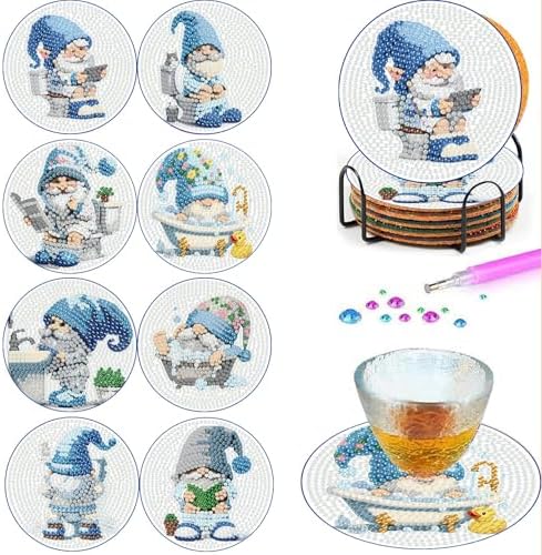 8 Pcs Diamond Art Coasters, Gnome Diamond Painting Coasters Kits for Adults Beginners, Gem Art Coasters with Holder, Funny DIY Crafts for Home Decor Warming Gifts - Image 6