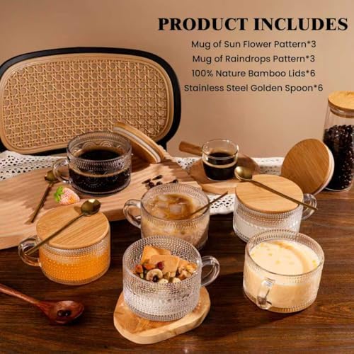 6 PACK Vintage Glass Coffee Mugs 14oz Clear Embossed Tea Cup Set with Bamboo Lids and Gold Spoons,Yogurt Bowl,kitchen gifts for women - Image 4
