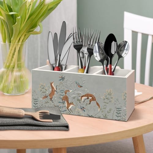 Vintage Fox Wooden Pen Pencil Holder for Desk Accessories, Fox Gifts for Women, Woodland Foxes and Birds Floral Botanical Wood Makeup Brush Toothbrush Holder Organizer for Vanity Bathroom - Image 6
