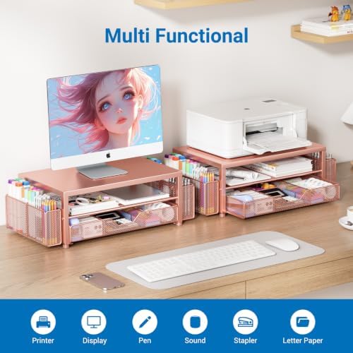 OPNICE Desk Organizers and Accessories, Computer Monitor Stand Riser with Drawer and 2 Pen Holders, Printer & Laptop Stand, Office Desk Accessories & Workspace Organizers for Home Office Supplies, Rose Gold - Image 4