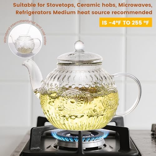 Bandesun Vintage Glass Teapot, Tea Kettle with Removable Infuser 32OZ/1000ml, Borosilicate Glass Pot -Stovetop Safe, Blooming & Loose Leaf Tea Maker Set - Image 4