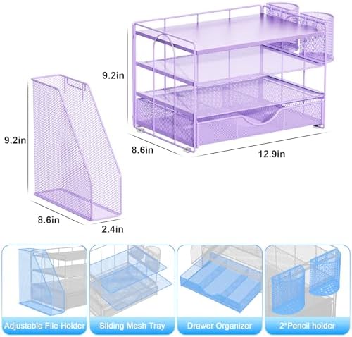 gianotter Wood Desk Organizers and Accessories with File Holder, 4-Tier Desk Accessories & Workspace Organizers with Drawer and 2 Pen Holder, Desk Reference Organizer (Purple, 4T with Metal Drawer) - Image 5