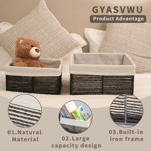 GYASVWU Hand-Woven Paper Rope Storage Baskets,Rectangular Wicker Baskets for Organizing,Decorative Woven Basket for Storage,Shelf Basket for Living Room,Storage Baskets for Pantry (Black - Large) - Image 2