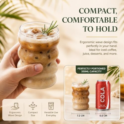 ALINK Ribbed Drinking Glass Cups with Straws Set of 4, 12 oz Aesthetic Iced Coffee Glasses, Wave Bubble Tumbler, Ripple Glassware, Beer Glasses for Coctail, Soda, Gift with Brush - Image 3