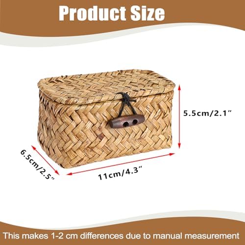 Hipiwe Handwoben Seagrass Basket With Lid Wicker Storage Baskets Decorative Shelf Basket Mini Desktop Organizer, Caramel 4.3" x 2.5" x 2.1" - Image 3