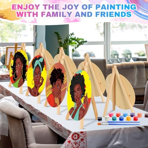 Supervitae 72 Piece Black Girls Round Pre Drawn Canvas Kit 5.9" Paint and Sip Kit for Adults Painting Party Pre Printed Canvas DIY with Pictures Paints Easels Brushes for Party Gifts - Image 4
