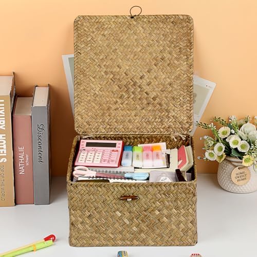 Hipiwe Seagrass Wicker Storage Basket Bin Boxes with Lid, Coffee, X-Large - Image 2