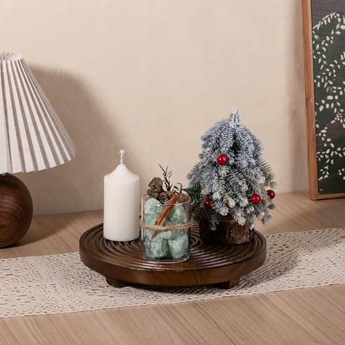 Round Decorative Tray Farmhouse Bathroom Decor Wood Riser, 10" Walnut - Image 4
