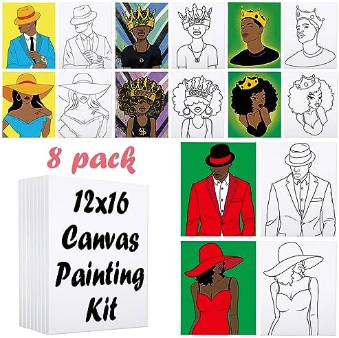 8 Pack Pre Drawn Canvas for Painting for Adults, Sip and Paint Kit Pre Stretched Canvas to Paint Art Set Couples Date Night Games Party Supplies (12x16 Inches) by VOCHIC
