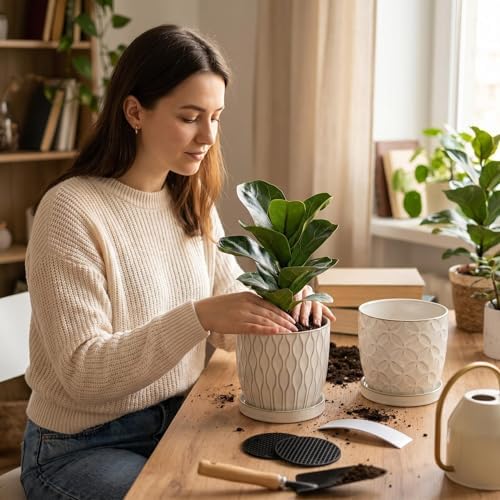 Nihow Ceramic Plant Pots with Drainage Hole & Saucer, 4.75 Inch, White-1 - Image 6