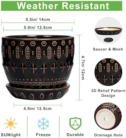 G EPGardening Ceramic Pot for Plants 5.5 Inch - Ceramic Plant Pot Indoor with Drainage Hole and Saucer, Round Boho Planter for Indoor Plants Outdoor, Housewarming Gifts, Garden Office Decor, Black - Image 3