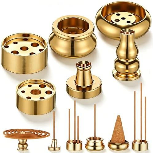 Cinnvoice 6 Pcs Brass Incense Holder Copper Incense Stick Holder 9-Hole Multi-Hole Mini Cone Gourd Burner Accessories for Stick, Tower, Coil, Meditation Room, Home Decor, 6 Styles by QinYee