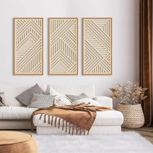IARTTOP Large Boho Wooden Wall Art 16x32 Inch Framed Mid Century Modern Wood Wall Decor Minimalist Modern Bohemian Decor for Dining Room Living Room Bedroom Set of 3 - Image 2