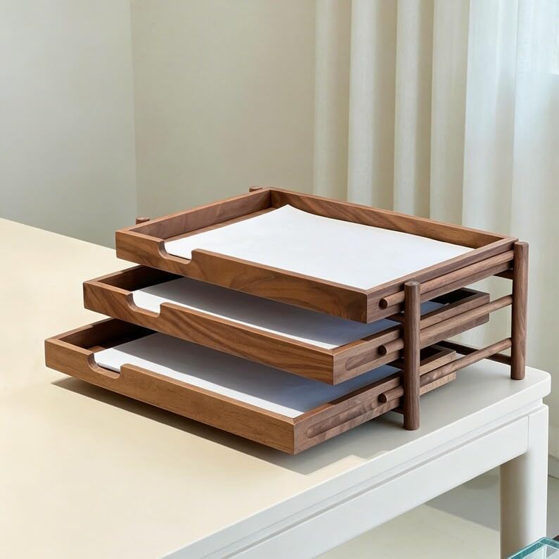 Walnut Wood Desk Organizer with 3 Drawers, Modern Minimalist Desktop Storage Tray, Multilayer Document Holder for Office Home Study, Natural Brown Wooden Desk Caddy - Image 3