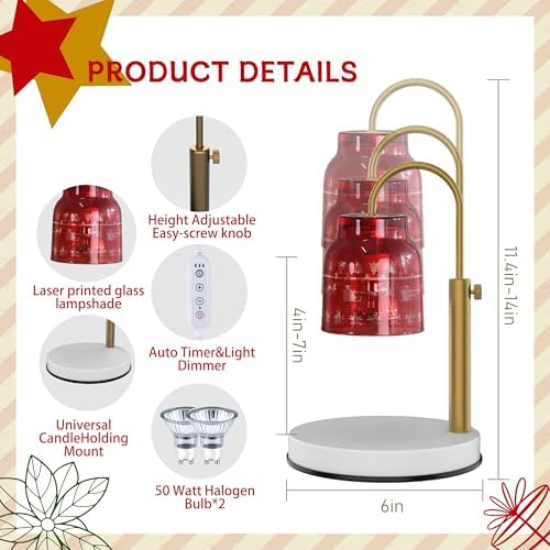 AIKUT Christmas Candle Warmer Lamp, with 2 Bulbs,Timer & Dimmer,Compatible with Large Yankee Candle Jars,3 Wick Candles,Height Adjustable Electric Top Melter,Red,110-120v - Image 3