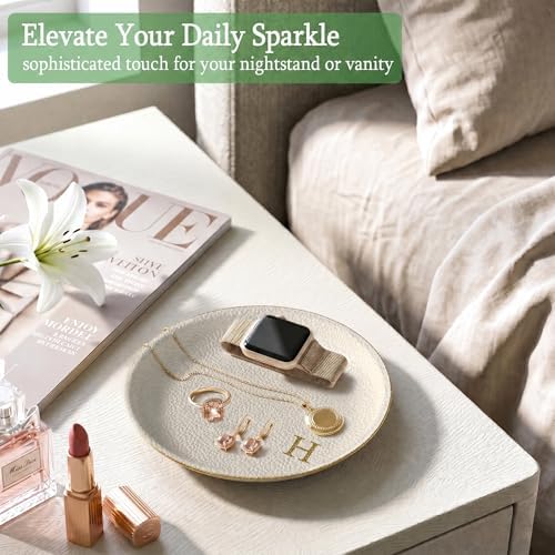 Initial Jewelry Dish for Women, Shatterproof Vegan Leather Ring Holder with Stainless Steel Core, Personalized Monogram Trinket Tray, Birthday Bridesmaid Gift with Box (Cream Letter H) - Image 4