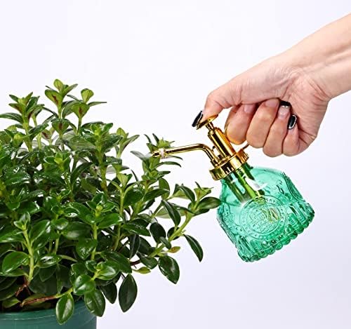Glass Plant Mister Spray Bottle, 6.5" Green Glass Water Spray Bottle with Gold Top Pump Small Watering Can, Small Plant Sprayer Mister for Indoor Outdoor House, Green+Gold (Green+Gold D) - Image 5