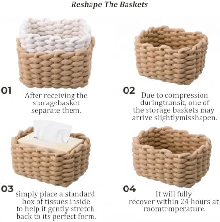 4 Pack Small Woven Storage Baskets – Cotton Rope Organizer Bins for Bathroom, Vanity, Desk & Shelf – White & Light Brown, 7.7x6.1x5.1 Inches - Image 7