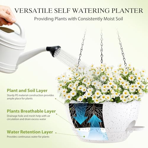 12 Inch Hanging Baskets 2 PC with Chains, Self-Watering Hanging Planters for Indoor Outdoor Plants, Plastic Hanging Flower Pots,Speckled White - Image 4
