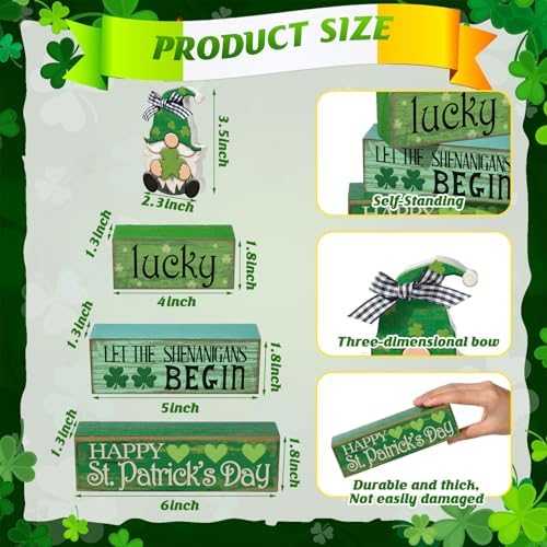 Moucuny 4 Pcs St. Patrick's Day Wood Signs Gnome Tiered Tray Table Decor - Image 3