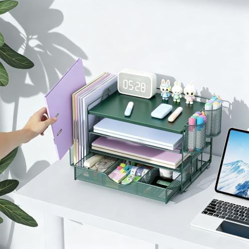 gianotter Wood Desk Organizers and Accessories with File Holder, 4-Tier Desk Accessories & Workspace Organizers with Drawer and 2 Pen Holder, Desk Reference Organizer (Green, 4T with Metal Drawer) - Image 4