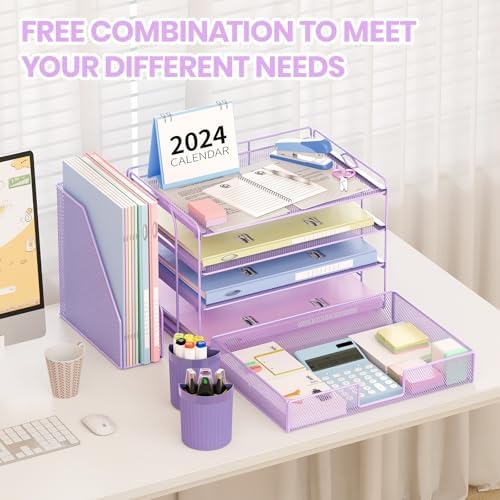 OPNICE Desk Organizer, 4-Tier Desktop File Organizer with Drawer and Pen Holders, Office Desk Accessories, File Sorters, Workspace Organizers for Office Supplies(Purple) - Image 5