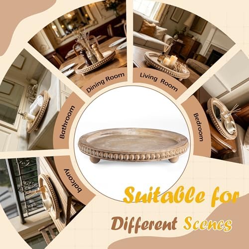 Round Decorative Tray for Coffee Table, Natural Wood Beaded Tray with Detachable Legs, 11.87" Farmhouse Rustic Serving Tray for Living Room, Ottoman, Kitchen Counter, Dining Table Decor - Image 5