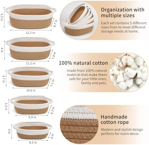 VOOWO Set of 5 Woven Rope Baskets for Storage, Organizing, Nursery, Shelves - Small Baskets for Gifts Empty (Off White & Jute) - Image 2
