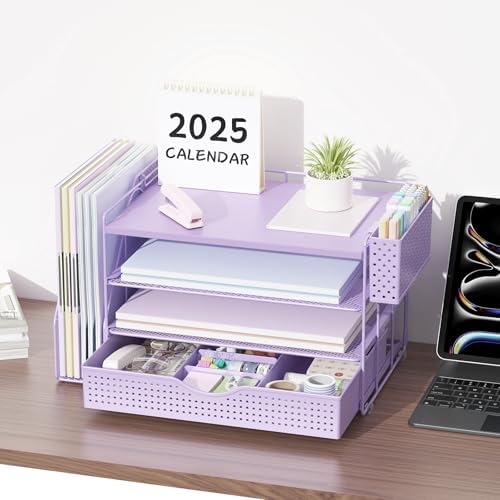 Wood Desk Organizers and Accessories with File Holder, 4-Tier Desk Accessories & Workspace Organizers with Drawer and Pen Holder, Desk Reference Organizer (Purple, 4T with Drawer) - Image 6