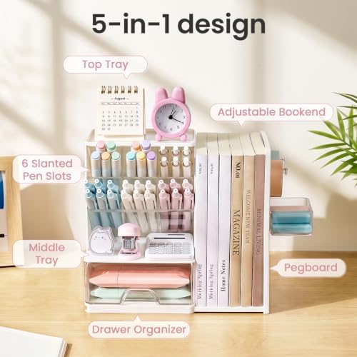 Sooez Desk Organizer with Bookends, Pegboard & Drawer, Pen & Pencil Holder - Image 3