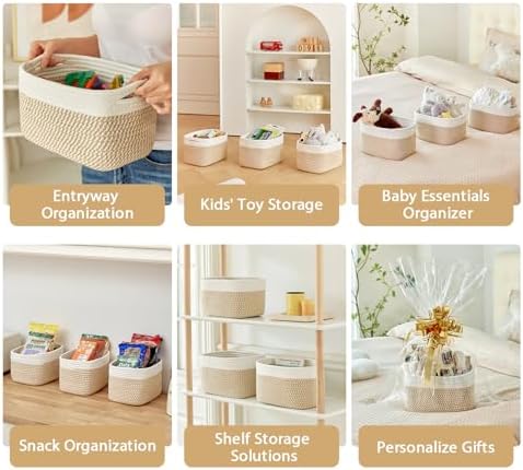 R RUNKA Small Cotton Rope Basket – Storage Bin for Organizing (10.6" x 6.7" x 6.7"), Bathroom Storage Basket for Shelf, Counter & Closet（White & Mixed Camel） - Image 3