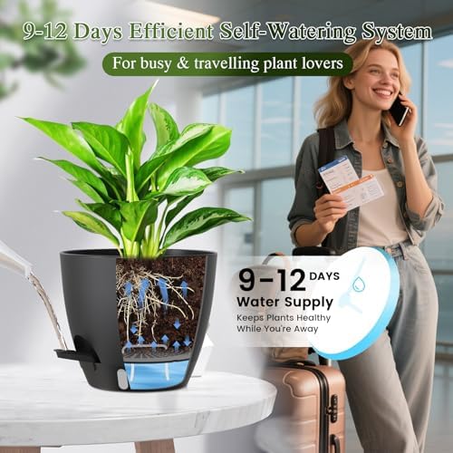 Self Watering Pots with Drainage Holes, 2 Pack 10 Inch Plant Pots with Water Level Indicator Deep Reservoir, Large Plastic Planter for Indoor Outdoor Plants - Black - Image 4