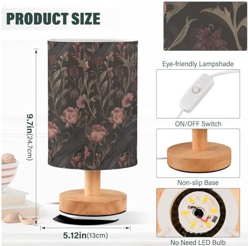 Black Crow Moody Flowers Vintage Bedside Table Lamps with USB Port for Bedroom Lamp Accent Table Lamp Small Nightstand Lamp Sturdy Linen Shade Wooden Base Decorative Lamps for Kids|Reading|Dorm|Home - Image 4