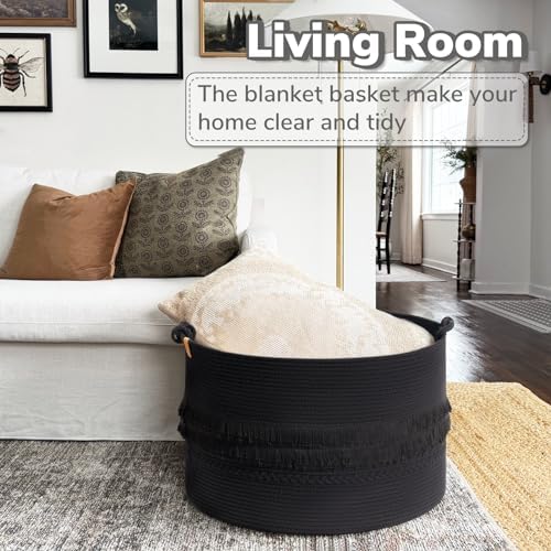 CherryNow 90L Large Woven Rope Blanket Basket with Tassel, 22" x 14", Black - Image 2